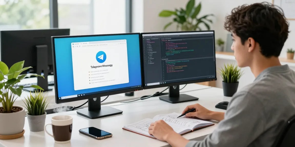 Download Telegram on dual monitors while coding and sipping coffee in a modern tech workspace.