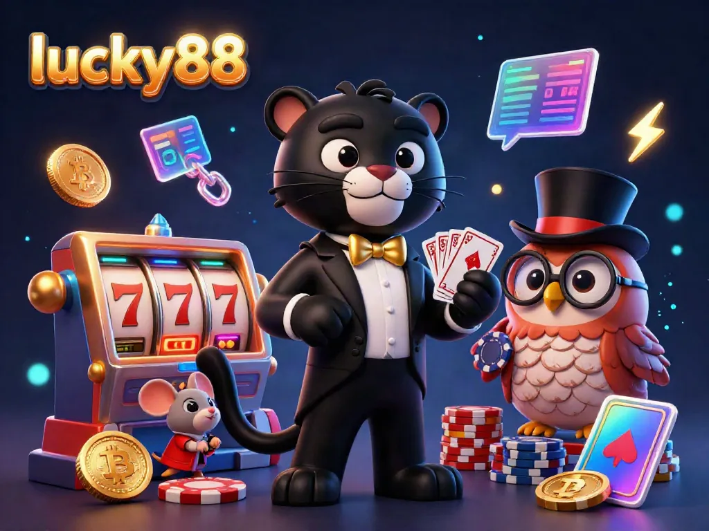Engage with the exciting world of lucky88 featuring a panther dealer, owl with poker chips, and a lucky mouse in a vibrant casino scene.