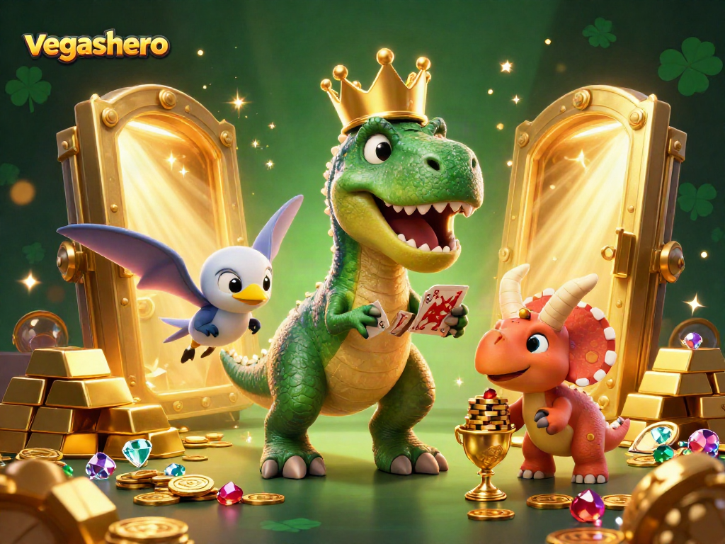 Win big at vegashero with friendly dinosaurs playing cards and stacking golden chips in a vibrant casino.