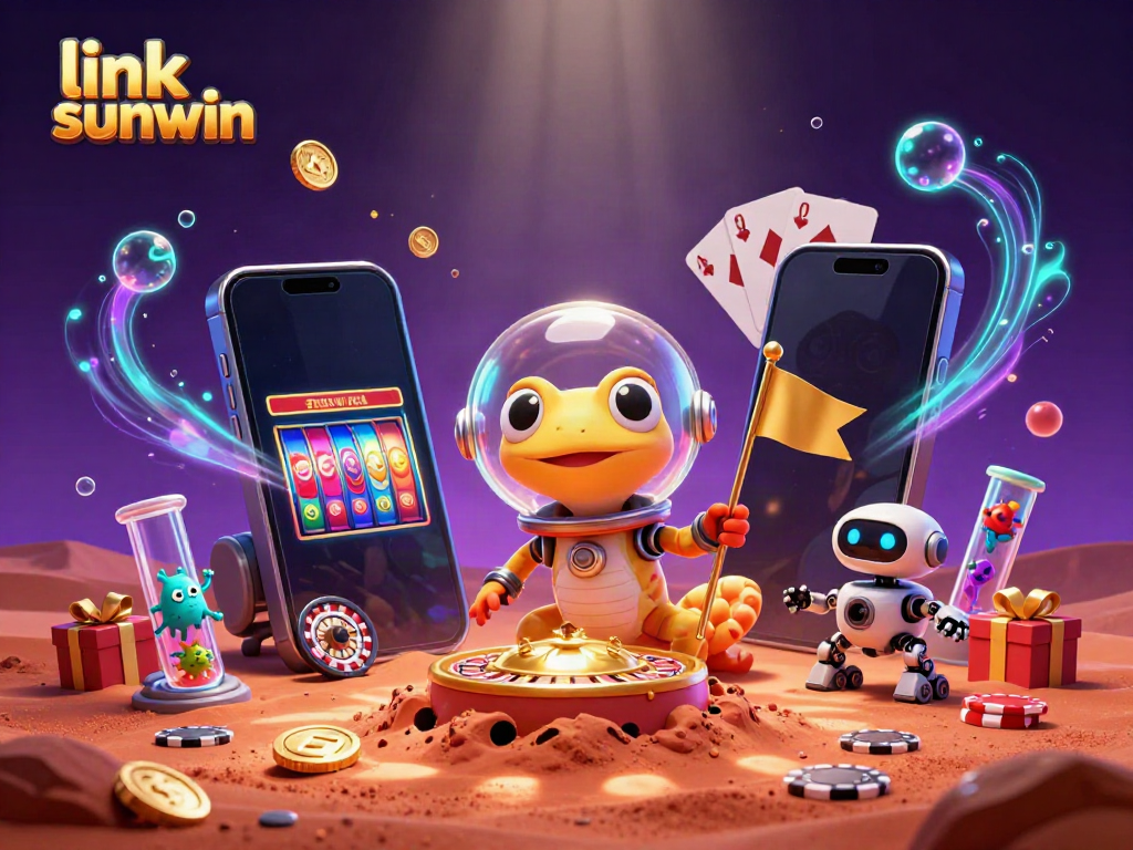 Experience exhilarating gameplay with the link sunwin at the vibrant casino in this 3D digital illustration.