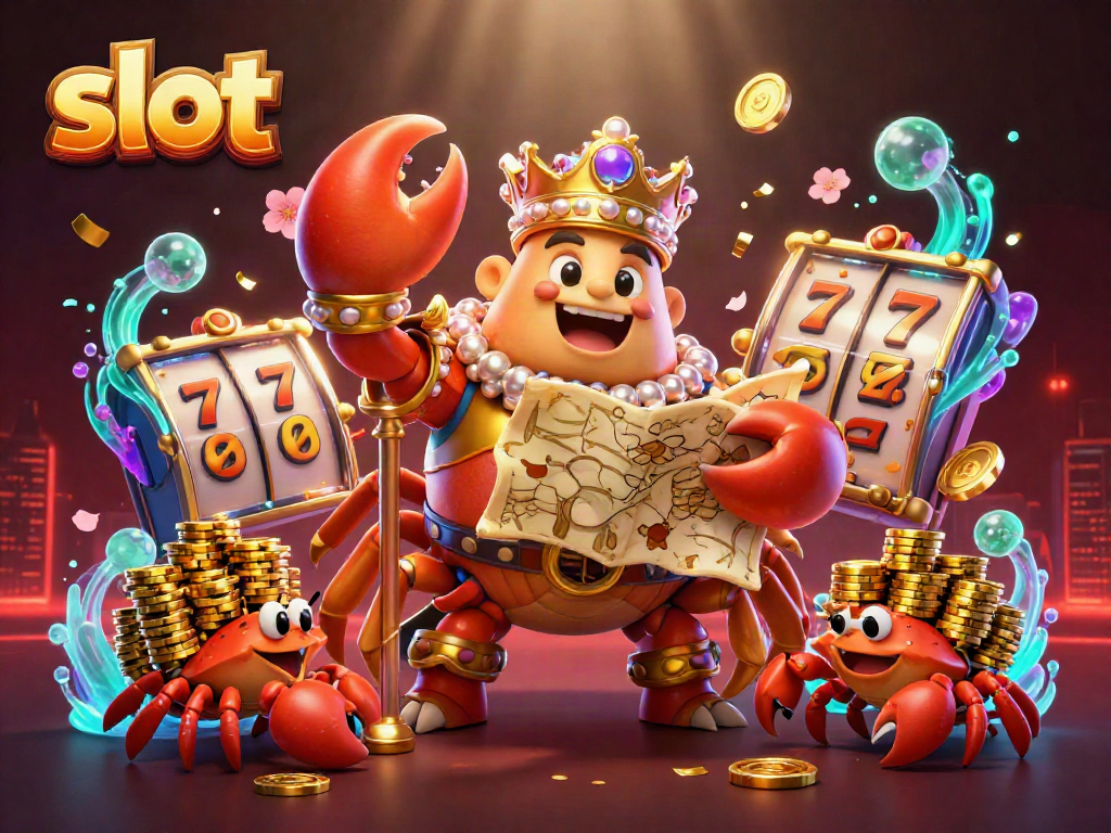Experience thrilling slot action with a golden crab emperor, surrounded by dynamic casino elements in an exciting setting.