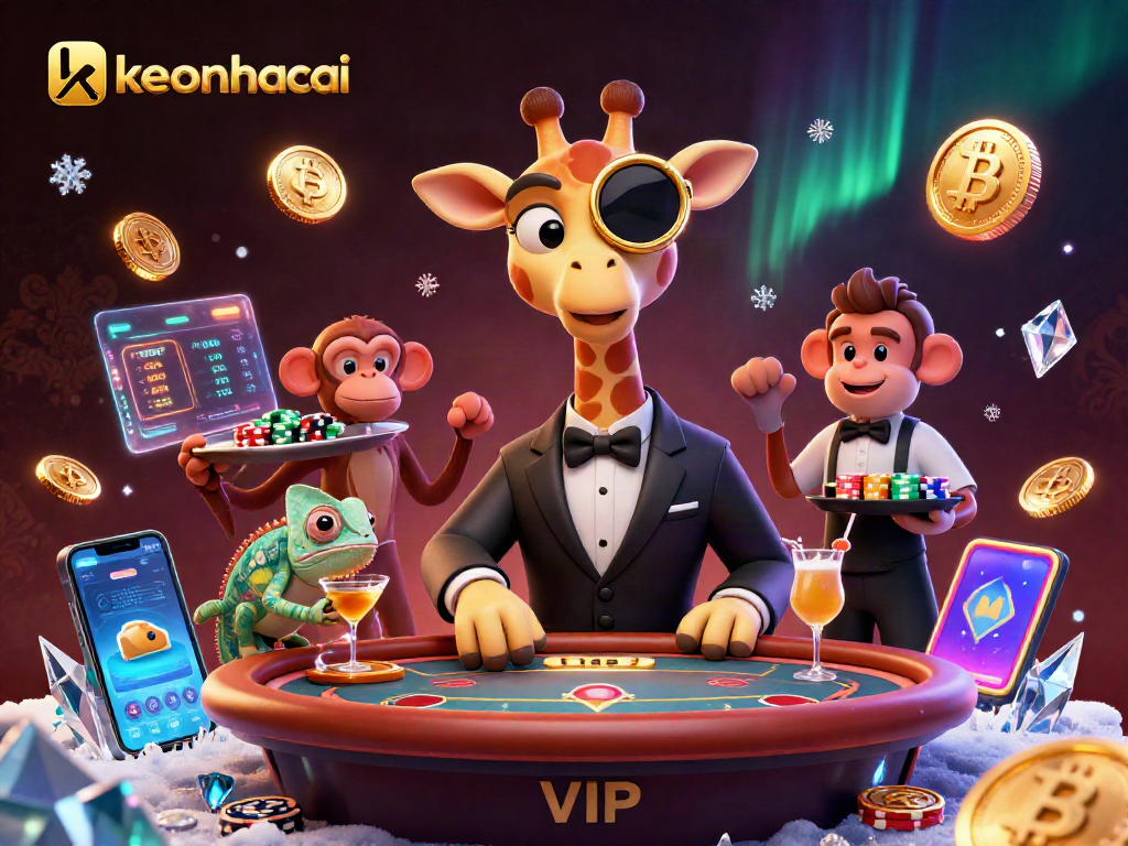 Engage in thrilling keonhacai gaming with vibrant casino characters and dynamic crypto elements.