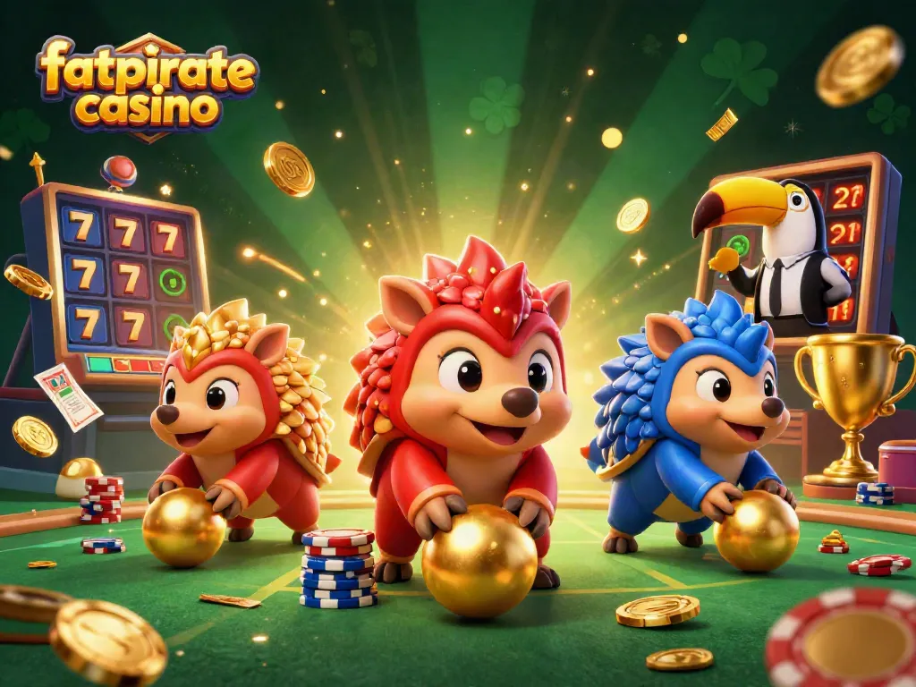Experience the excitement of fatpirate casino with vibrant pangolins in a lively gaming scene.