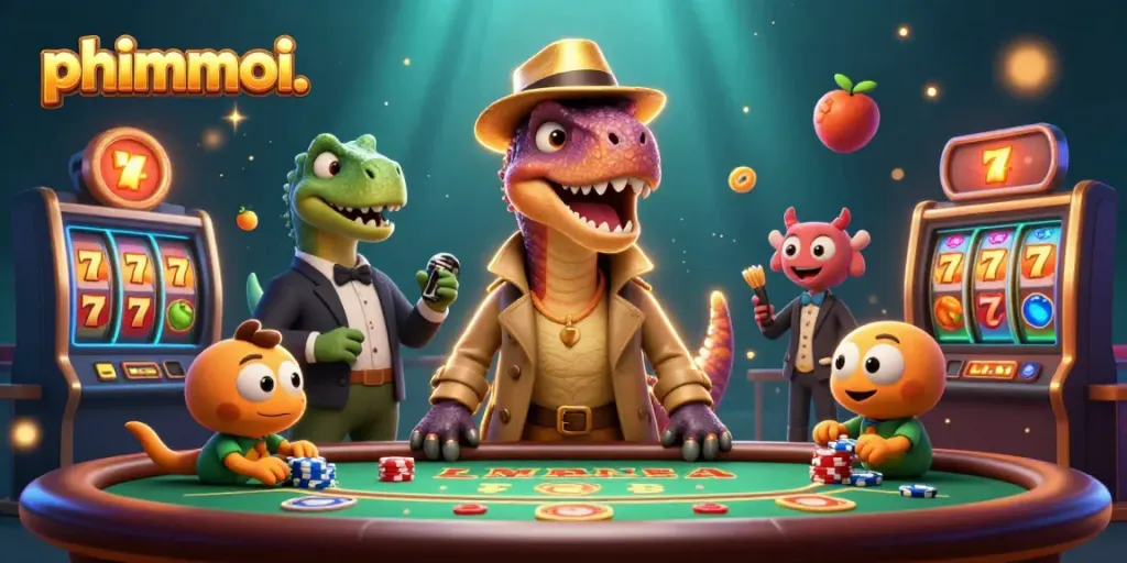 phimmoi showcases a cartoon velociraptor card counter at a vibrant casino blackjack table with dynamic slot elements.