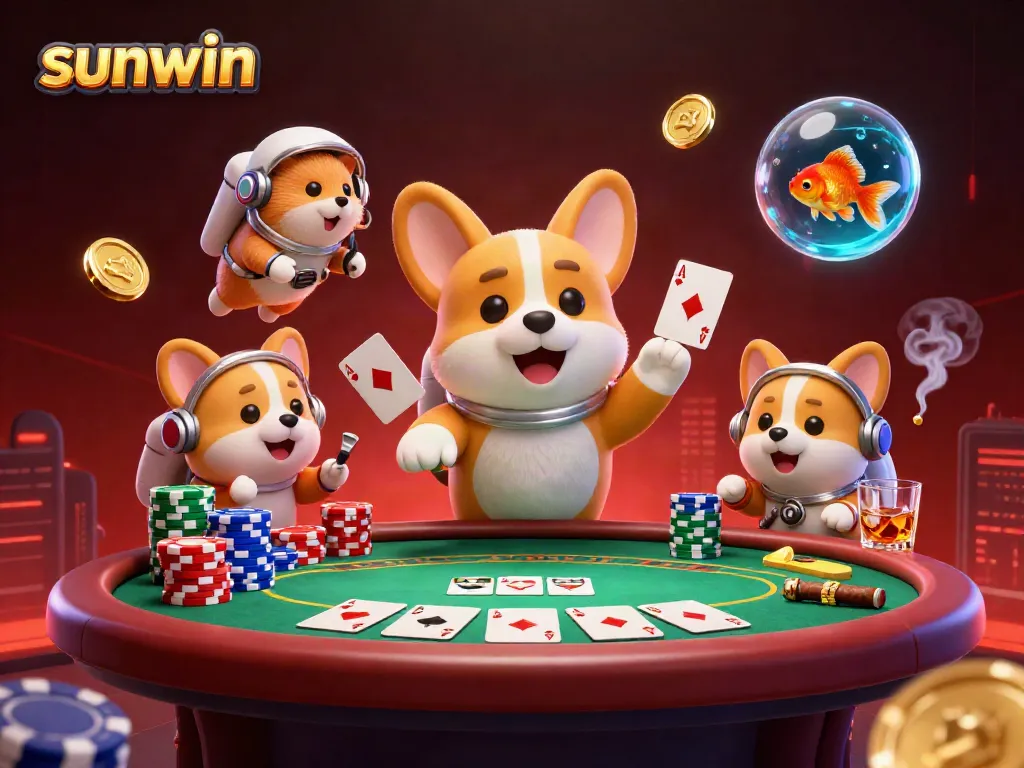 Engage with sunwin in an immersive space casino with floating coins, chips, and a playful astronaut corgi.