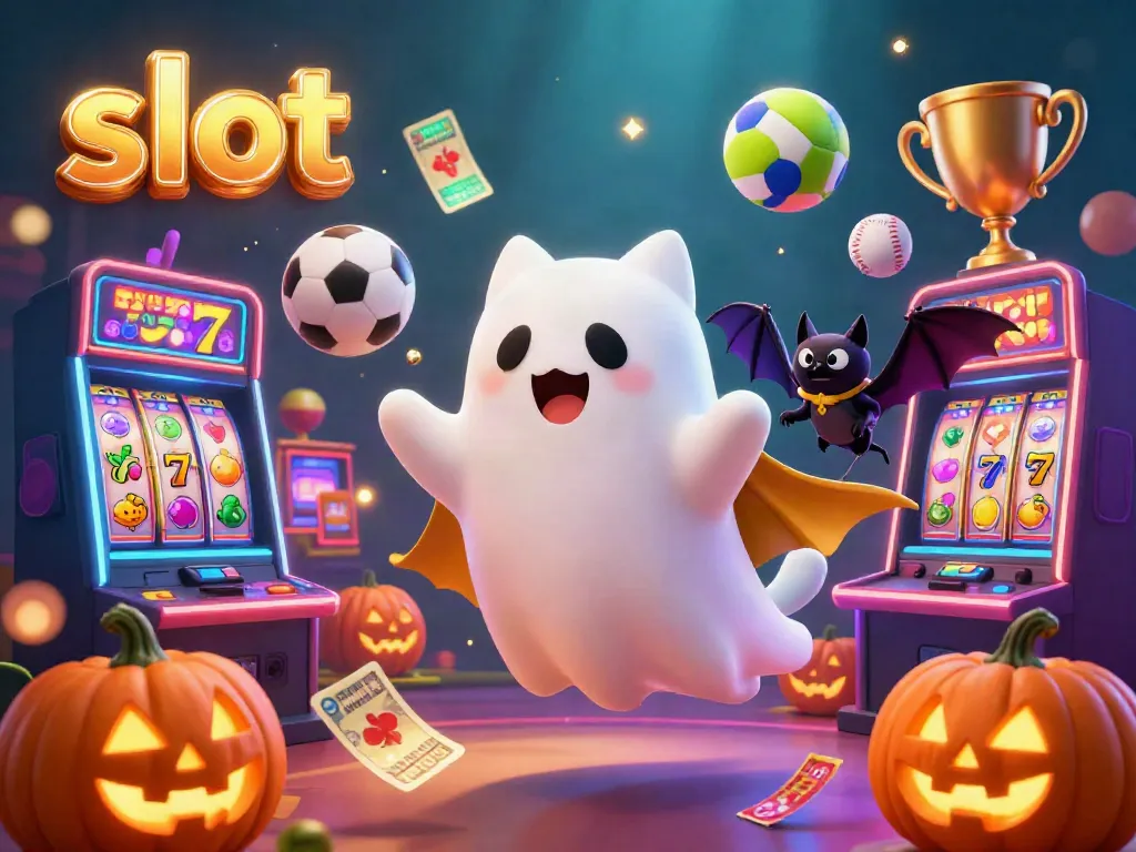 Explore slot gaming with a ghost cat and bat in a vibrant casino scene full of dynamic elements.