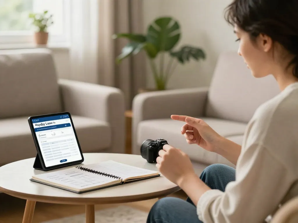 Young professional reviewing Payday Loans Co Alberta options in a warm living room.