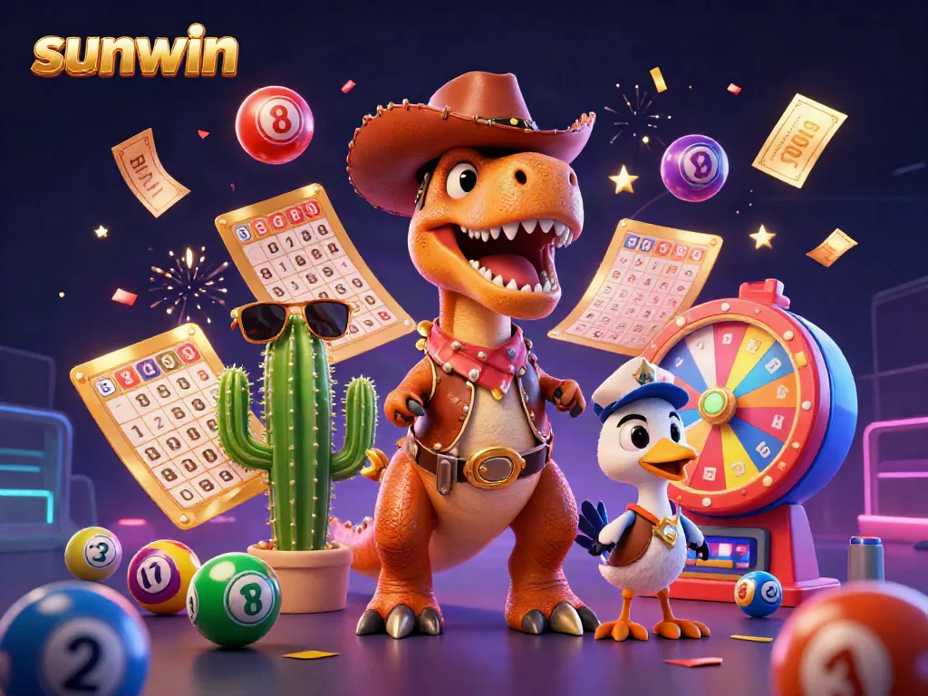 Experience the excitement of sunwin with a colorful 3D illustration of a T-Rex cowboy, cactus, and roadrunner amid lottery elements.