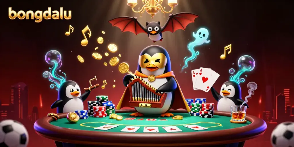 Engage in sports betting excitement with bongdalu's vibrant illustration of a penguin and glowing elements.