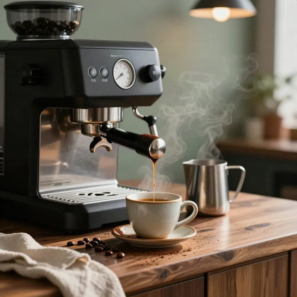 Espressomachine met verse espresso, grinder, melkkannetje en bonen op een warme houten bar.