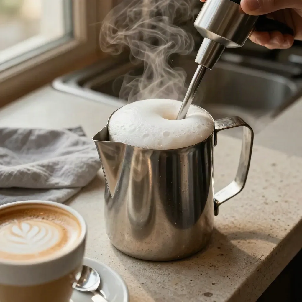 RVS melkkan met microfoam naast latte cup en lepel, met stoom in een rustige caféhoek.