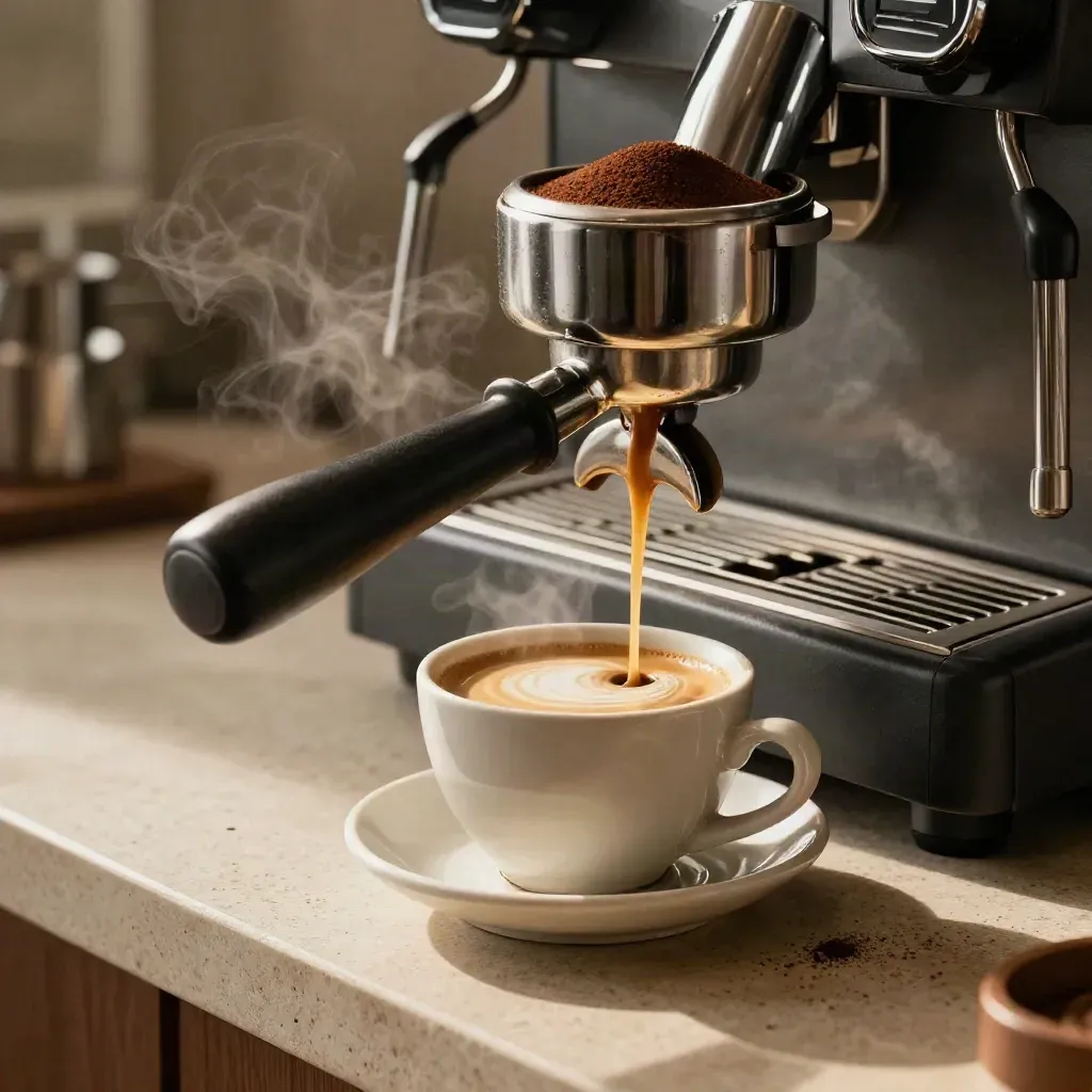 Espresso stroomt uit de machine in een kopje naast portafilter en lepel.