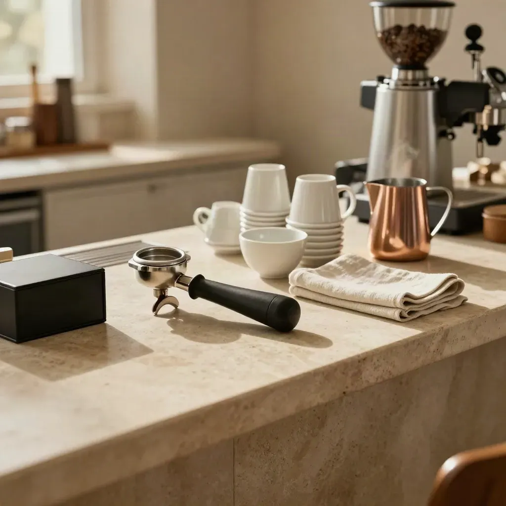 Geordende bartop met portafilter, cups, melkkan en koffienevel in warm cafélicht.