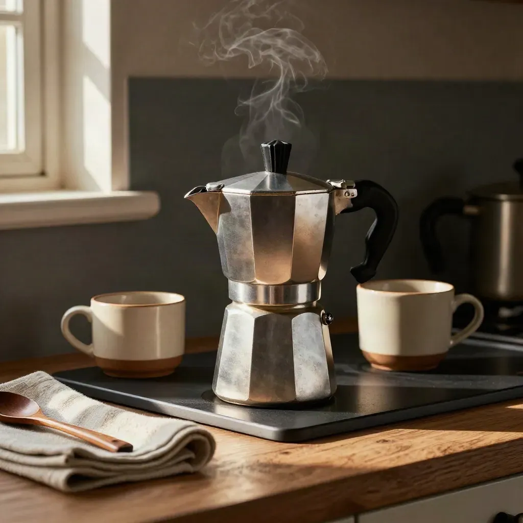 Aluminium moka pot sist op een kookplaat naast mok, lepel en doek in warm keukendrama.