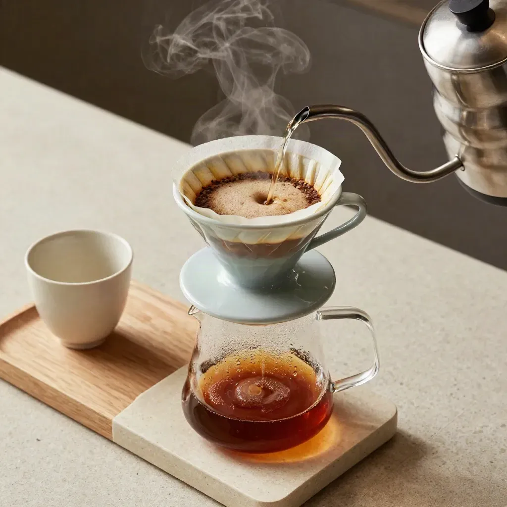 Bovenaanzicht van een pour-over met filter, server, kettle en kopje op licht travertin.