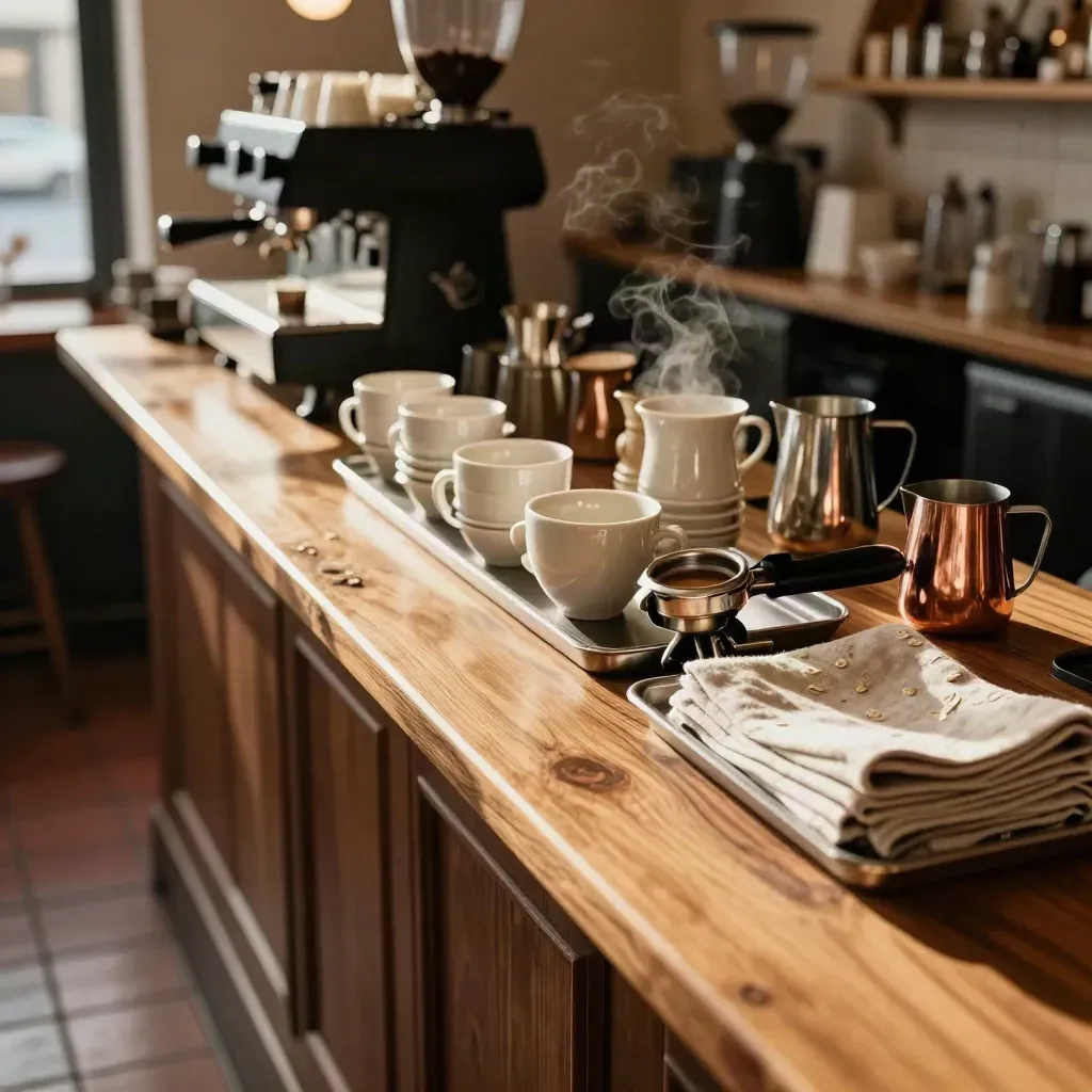 Warme cafébar met kopjes, portafilters, doek, melkkan en grinder, klaar voor de volgende drukte.