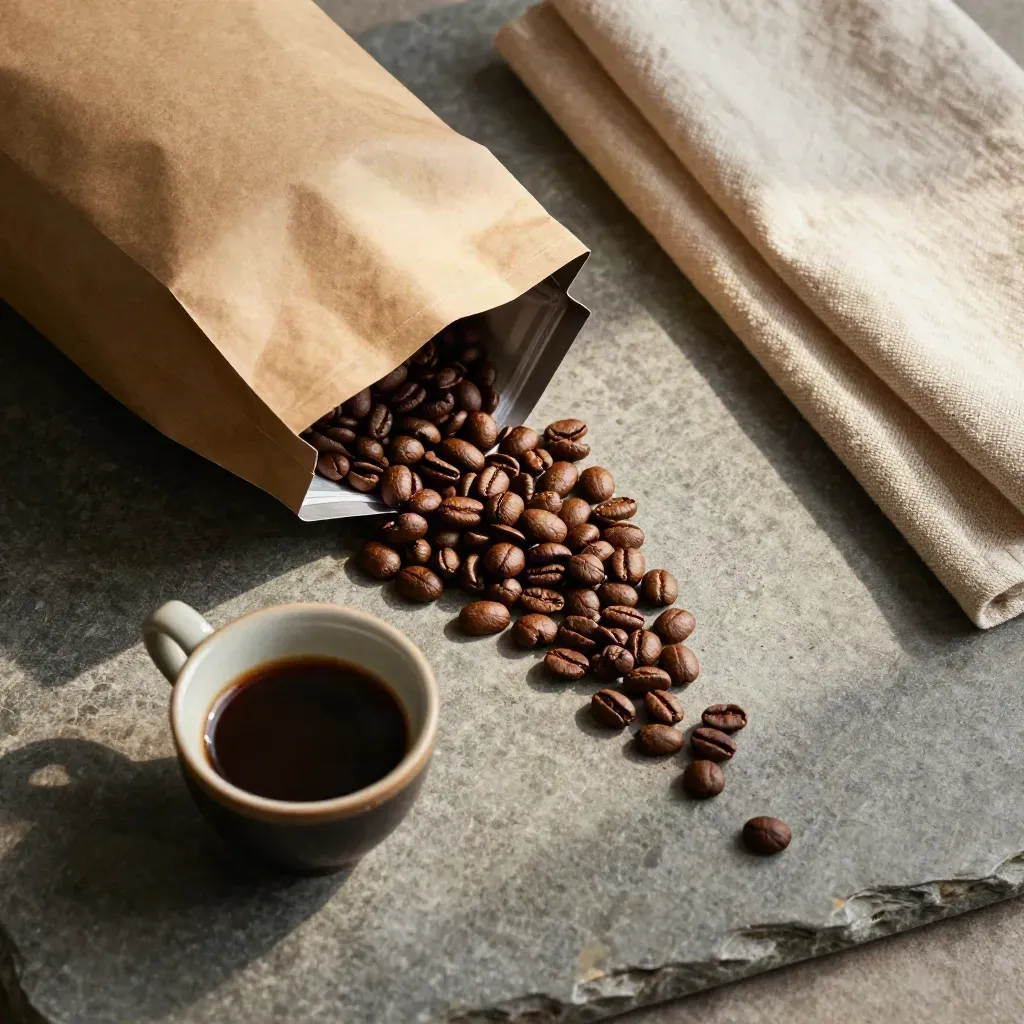 Espressoroastzak, proeflepel, bonen en cup op steen met linnen doek