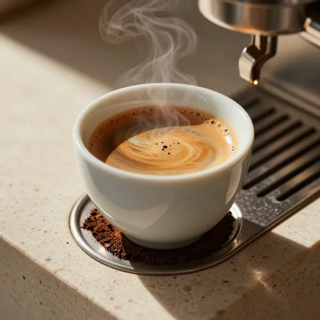 Extreme close-up van espresso met crema, losse maling, lepel en lekbakrand in warm licht.