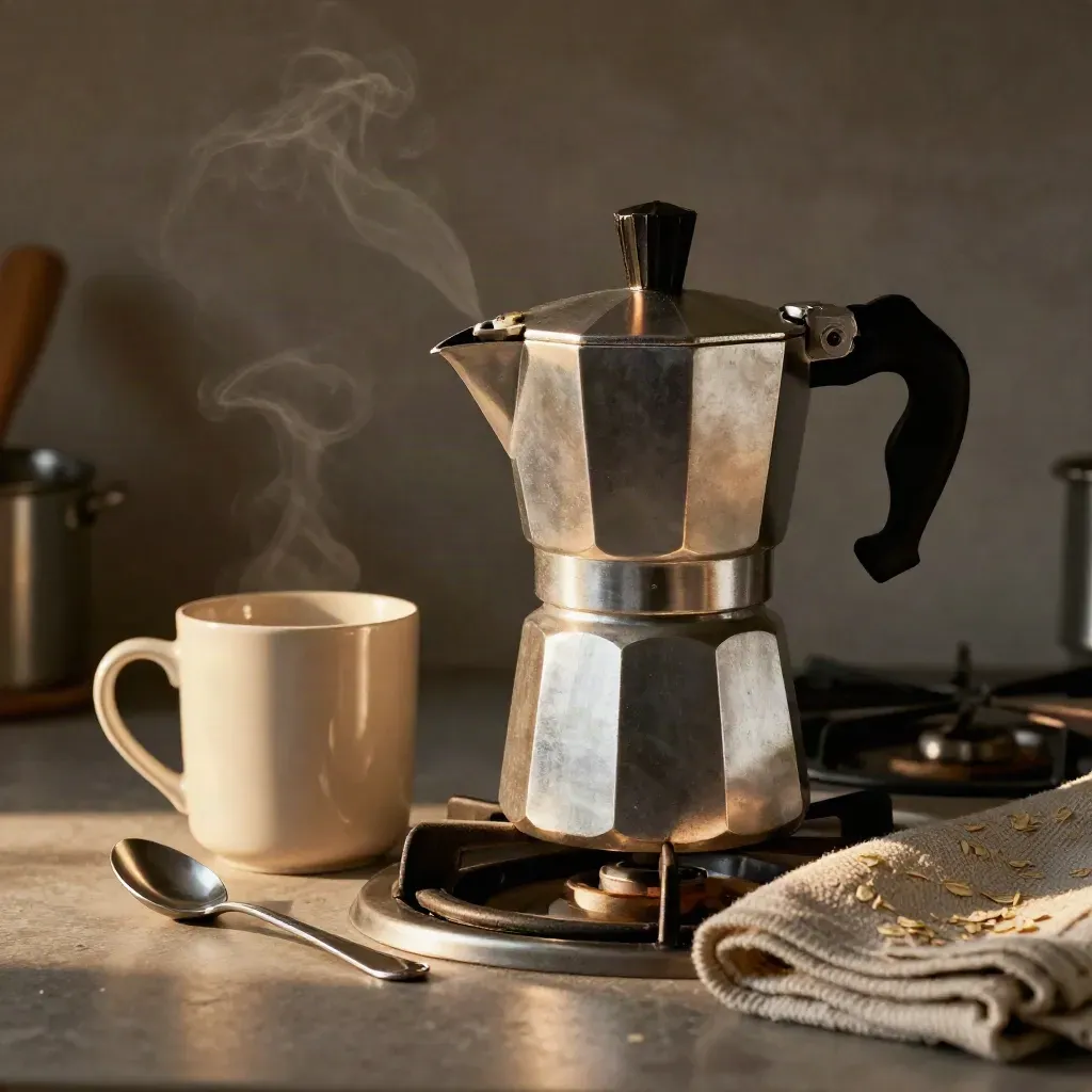 Moka pot naast mok en lepel met stoom op een donkere kookplaat
