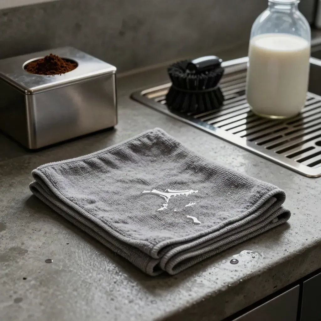 Schoonmaakstation voor koffiebar met doeken, knock box, borstel, drain tray en melkkan