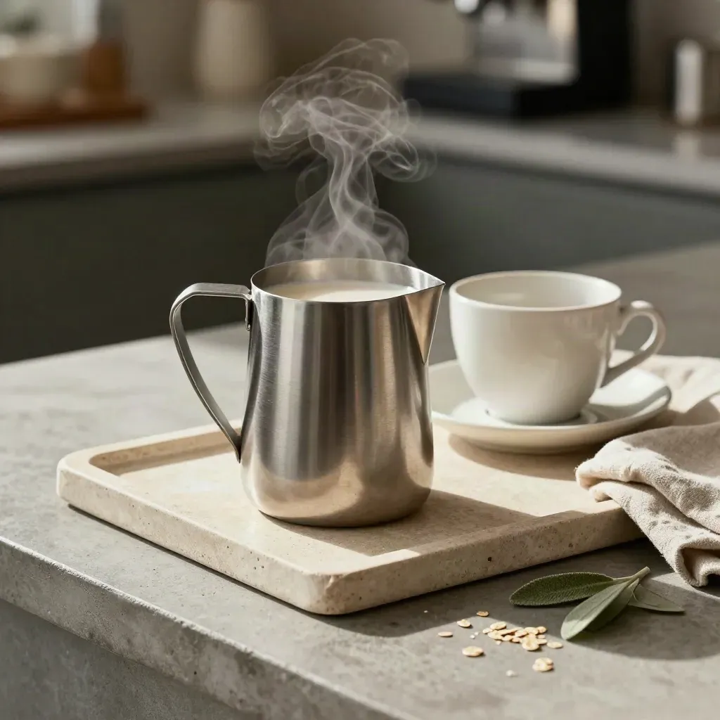 Melkkan met stoom, schotel, doek, kop en plantje op een stenen tray