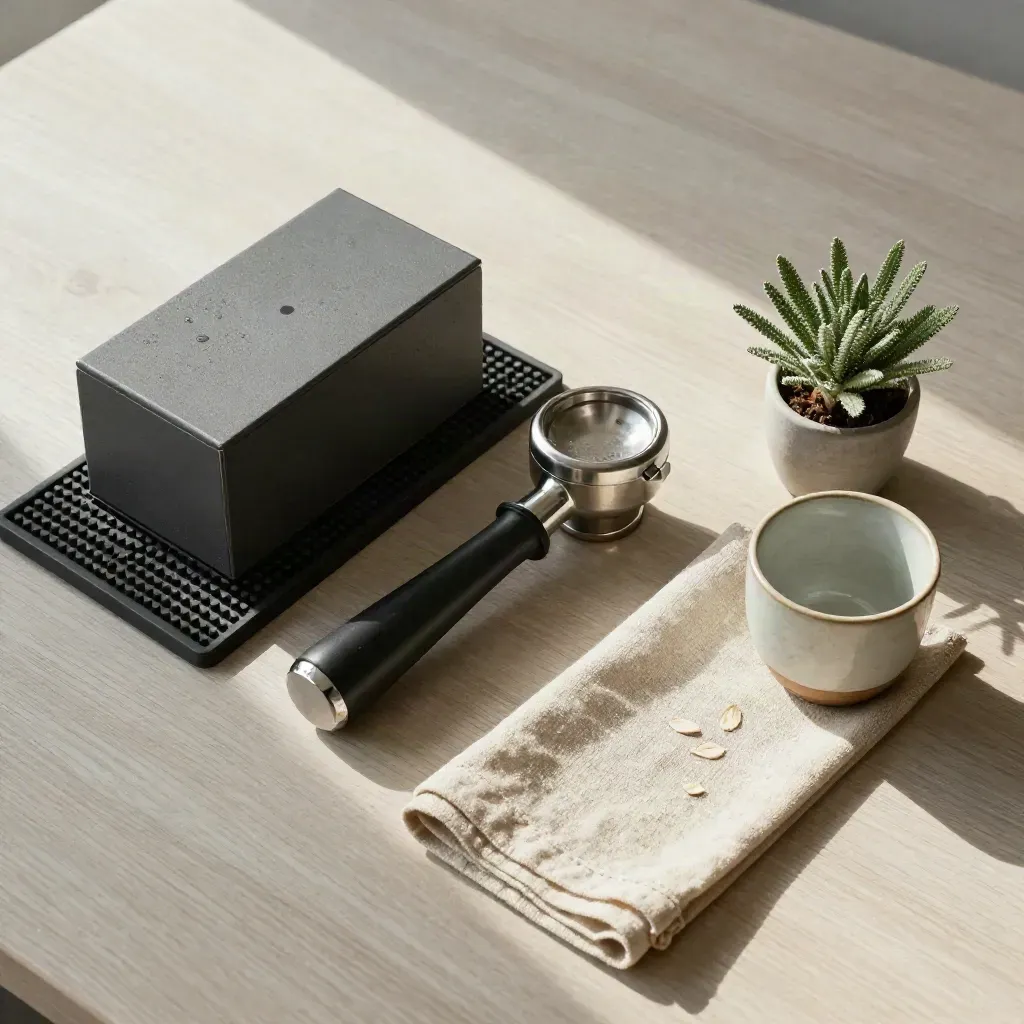 Top-down stilleven van barista-tools op licht hout met doek, kopje en plantje.