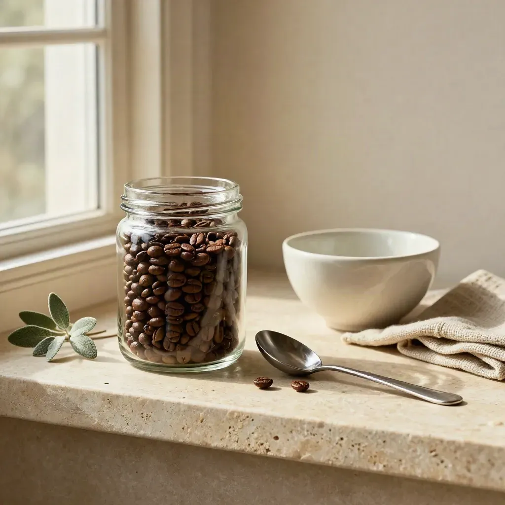 Glazen pot met koffiebonen, cuppinglepel, schaal, doek en plantje op stenen shelf.