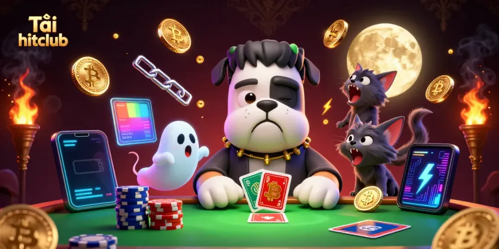 Engage in thrilling gameplay with Tải hitclub as a bulldog dealer distributes cards at a lively casino table.