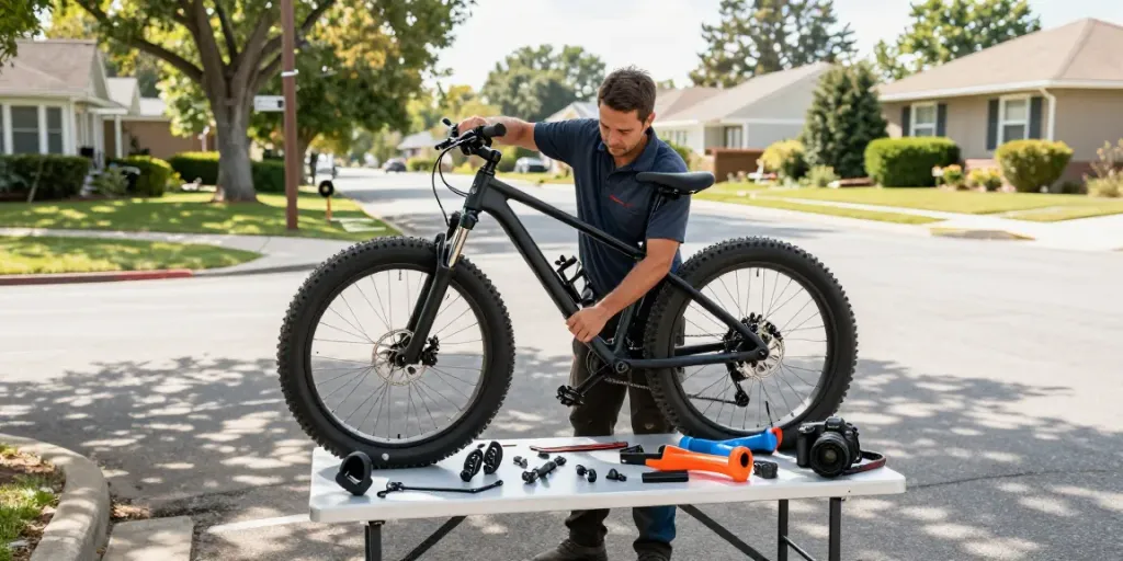 Technicus repareert fatbike met fatbike onderdelen op locatie in Zaanstad.