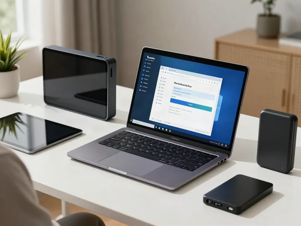 Person downloading MovieBox Pro on PC in a modern home office.