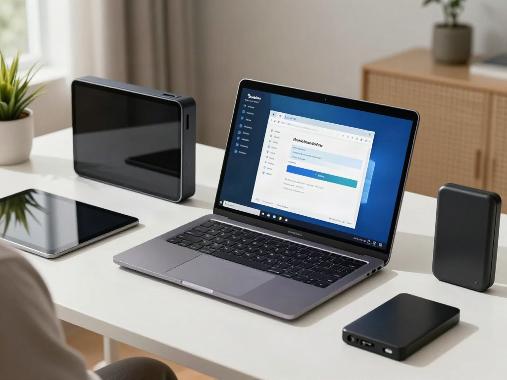 Person downloading MovieBox Pro on PC in a modern home office.