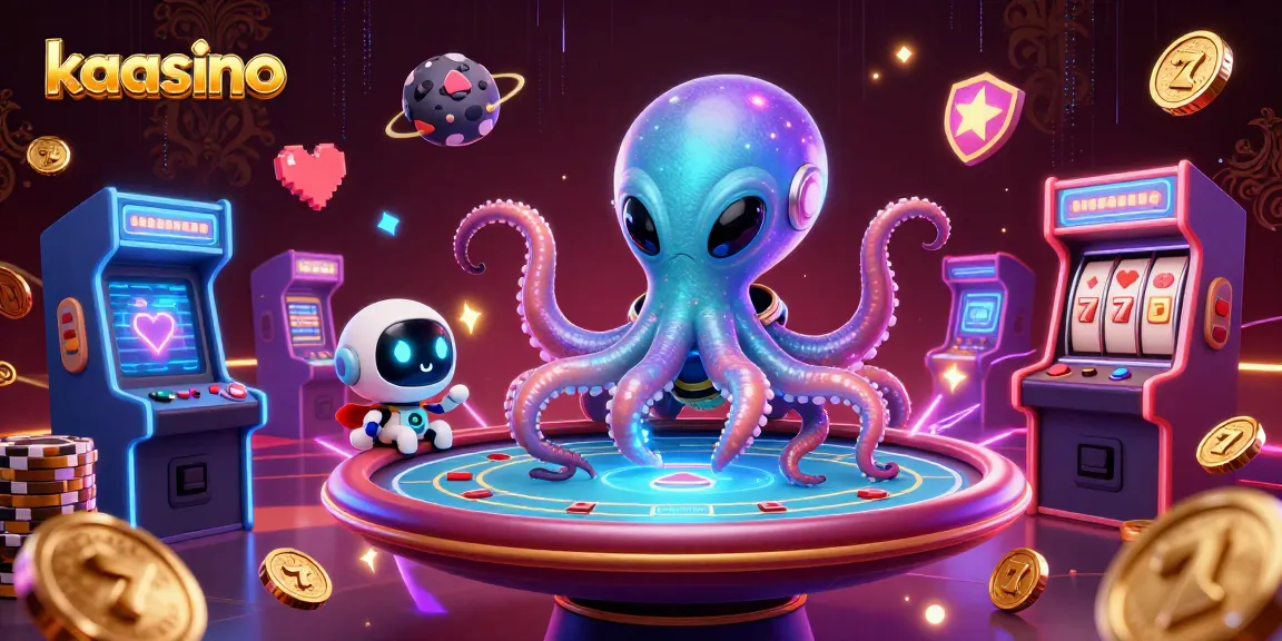 Kaasino: Exciting scene of a vibrant alien octopus at a holographic poker table surrounded by dynamic gaming elements.