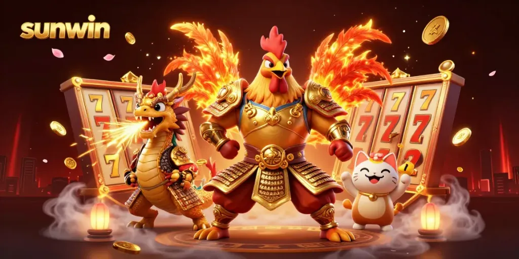 Experience the thrill of sunwin with an epic scene of a rooster warrior and dragon amidst slot machine excitement.