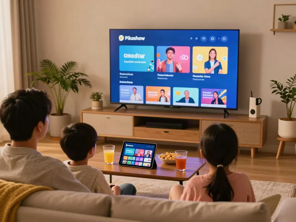 Family enjoying pk show streaming on TV in a cozy living room