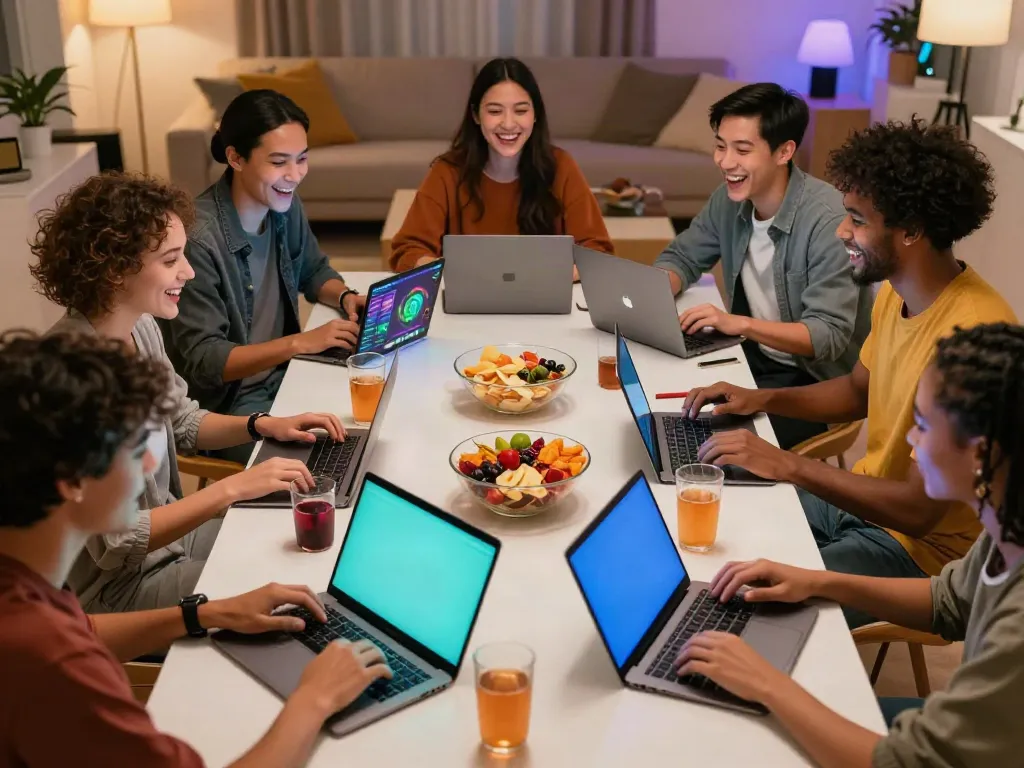 Diverse friends enjoying online games at Man88 in a cozy living room.