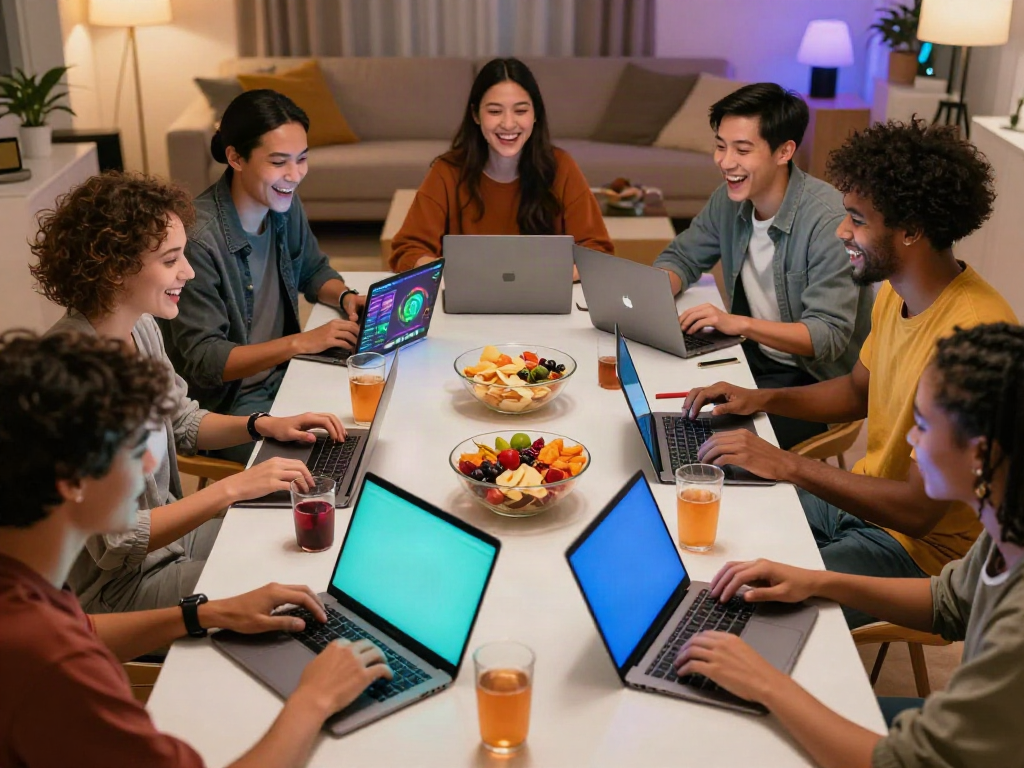 Diverse friends enjoying online games at Man88 in a cozy living room.