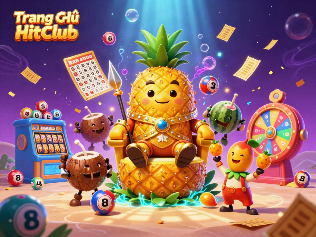Experience the thrilling atmosphere of Trang Chủ HitClub with a playful 3D cartoon pineapple king and vibrant casino elements.