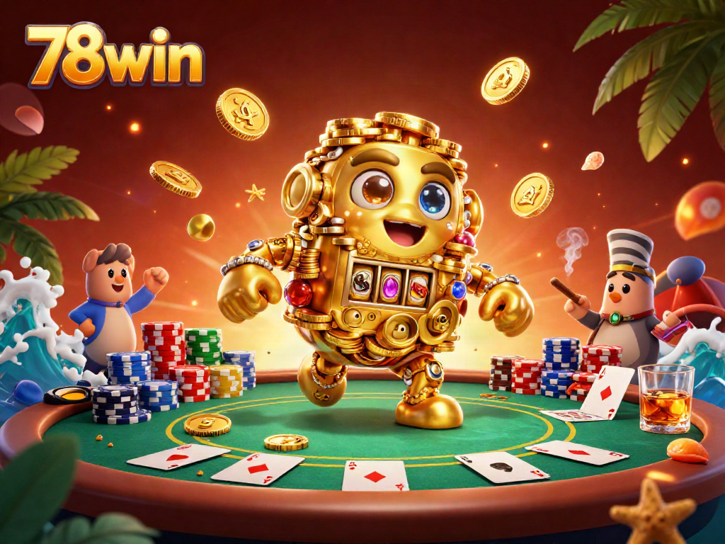 Experience the excitement of 78win with a vibrant and dynamic casino scene showcasing golden golem and poker elements.