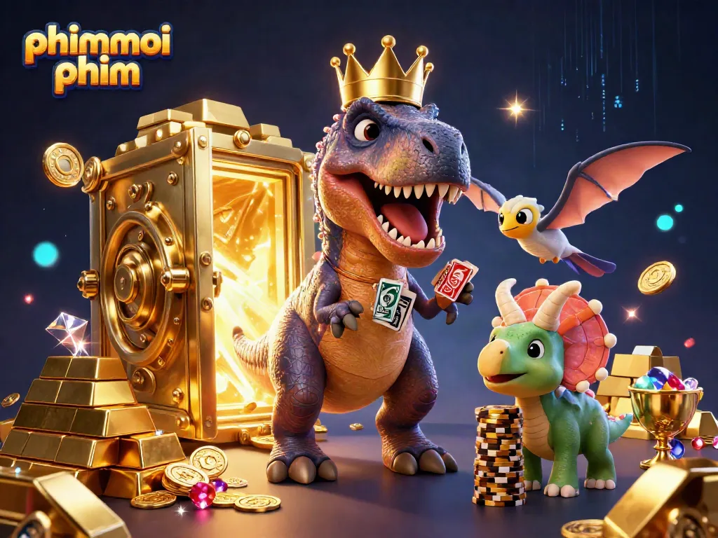Engage with the vibrant phimmoi phim scene showcasing a T-Rex shuffling cards and a Triceratops stacking chips.