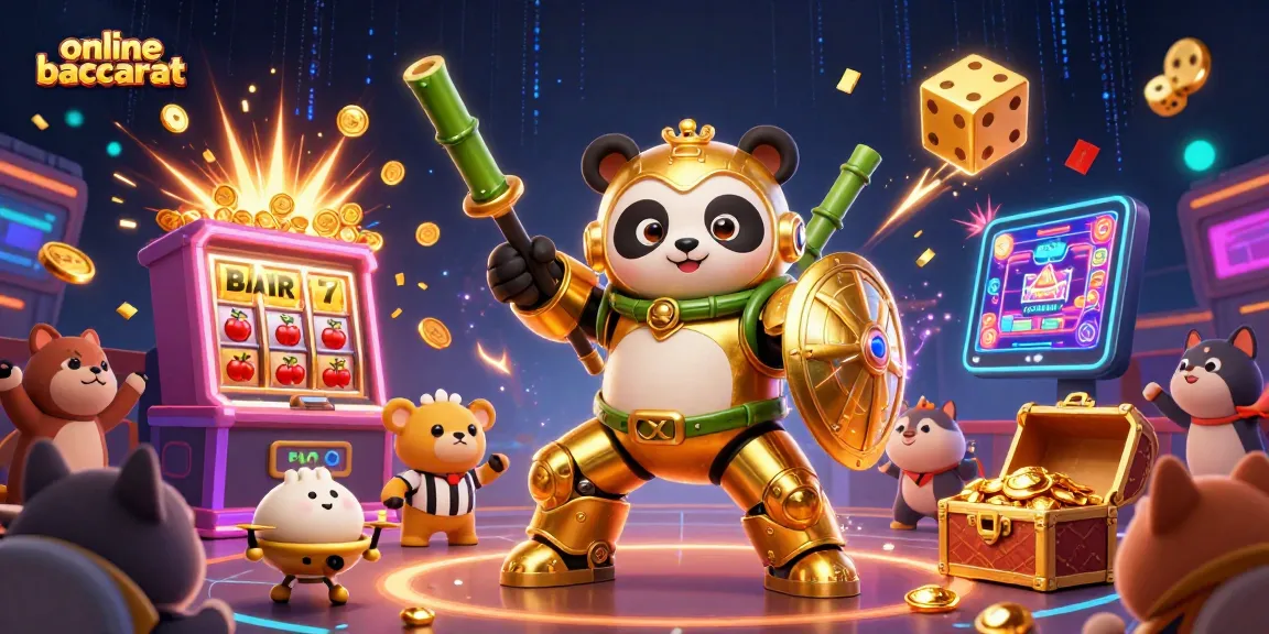 Engage in online baccarat gameplay as a golden panda battles with casino-themed elements in a vibrant 3D scene.
