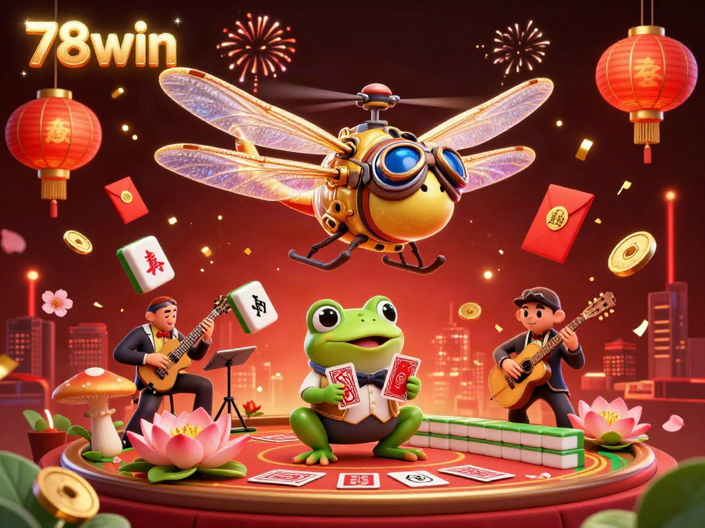 Experience the vibrant excitement of 78win at a lively lily pad casino with interactive game elements and dynamic characters.