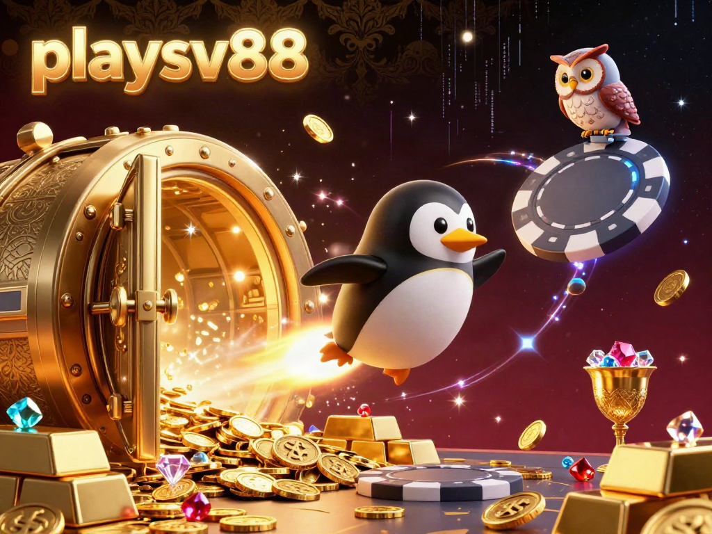 Immerse in the excitement of playsv88, where a golden penguin rockets through a treasure-filled casino galaxy.