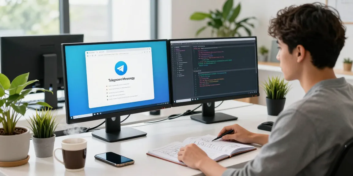 Download Telegram on dual monitors while coding and sipping coffee in a modern tech workspace.