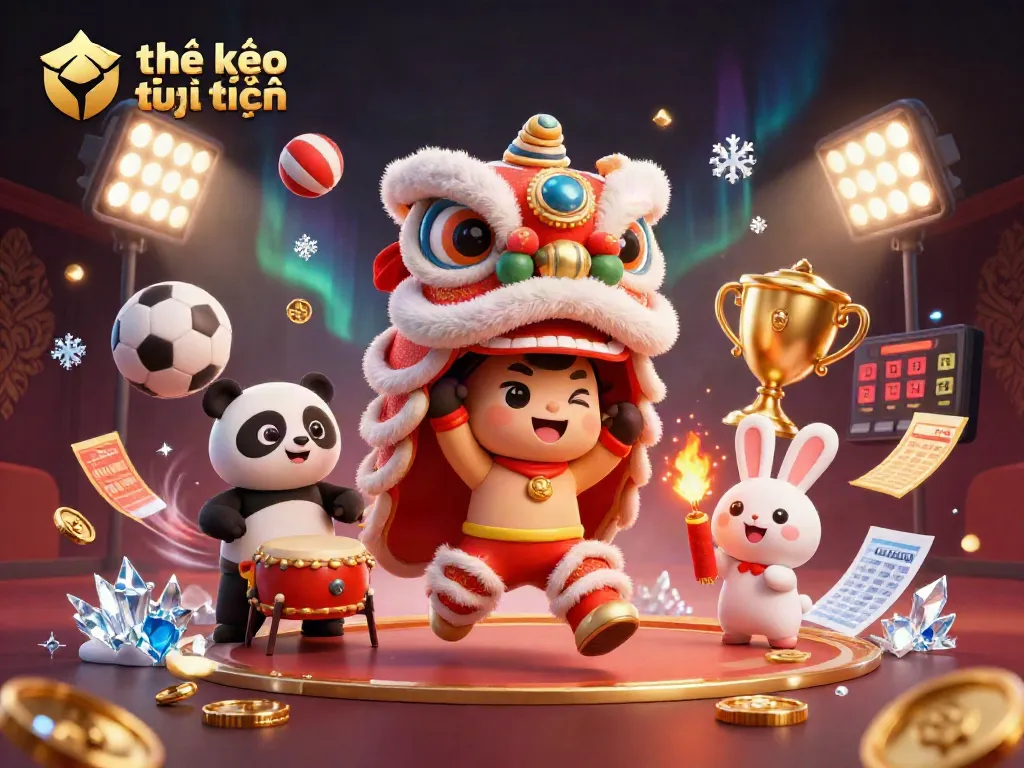 Experience the excitement of tỷ lệ kèo trực tuyến with a vibrant lion dance scene filled with dynamic sports elements.