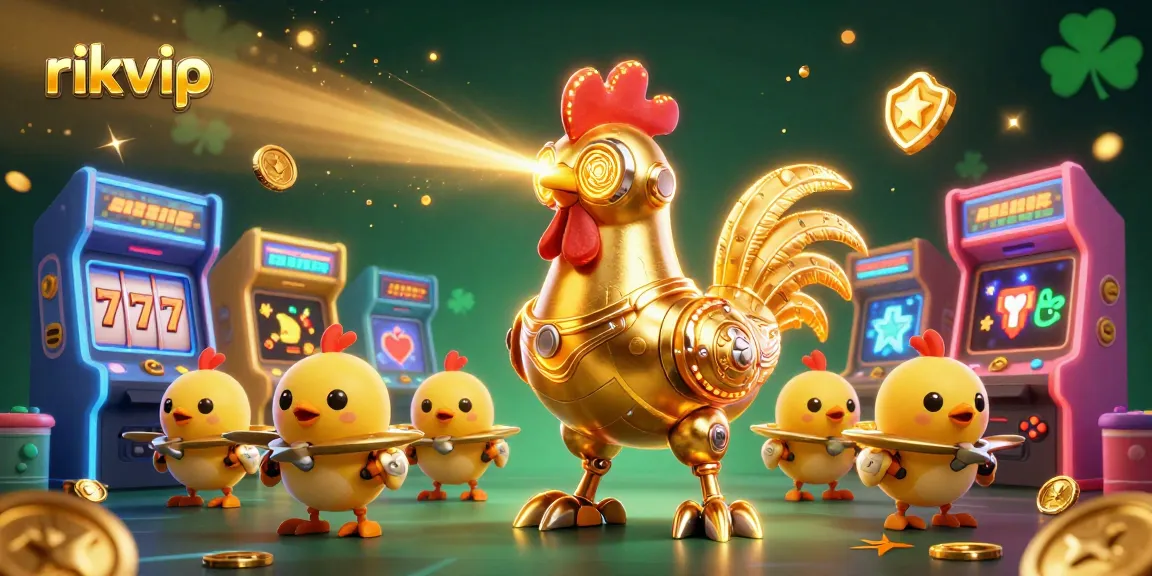 Get ready to win with rikvip's vibrant casino theme featuring a golden rooster robot amidst dynamic gaming elements.