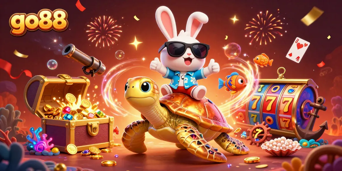 Spin into excitement with go88's vibrant online casino scene filled with lucky symbols and energetic characters.
