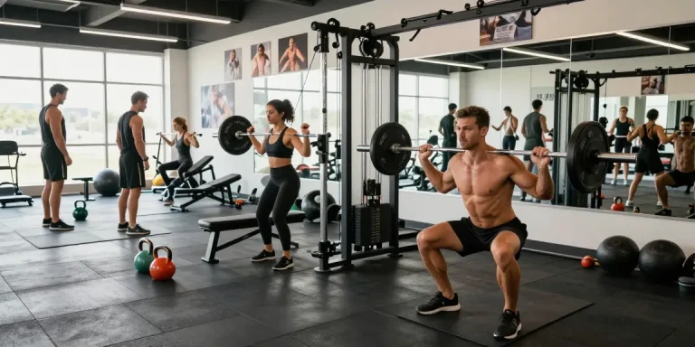 Energetische training met Prime Pharma Steroids in moderne sportschool, jongeman met halter en vrouw aan kabelmachine.